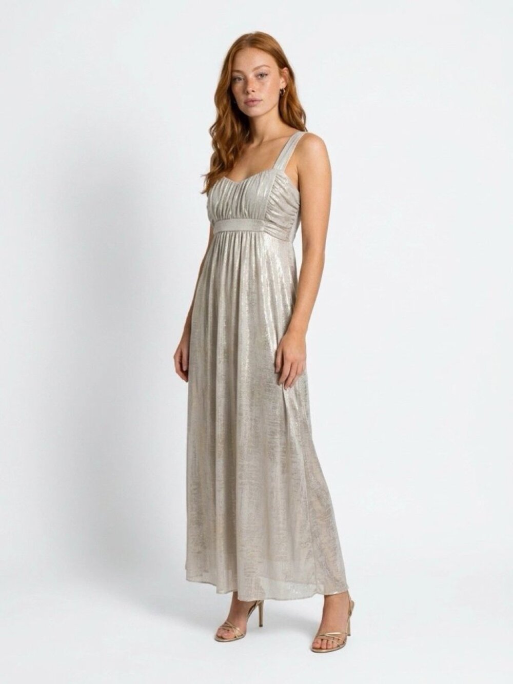 CONNECTED APPAREL Metallic Gold Gathered Sweatheart Neckline Maxi Dress Sz 14